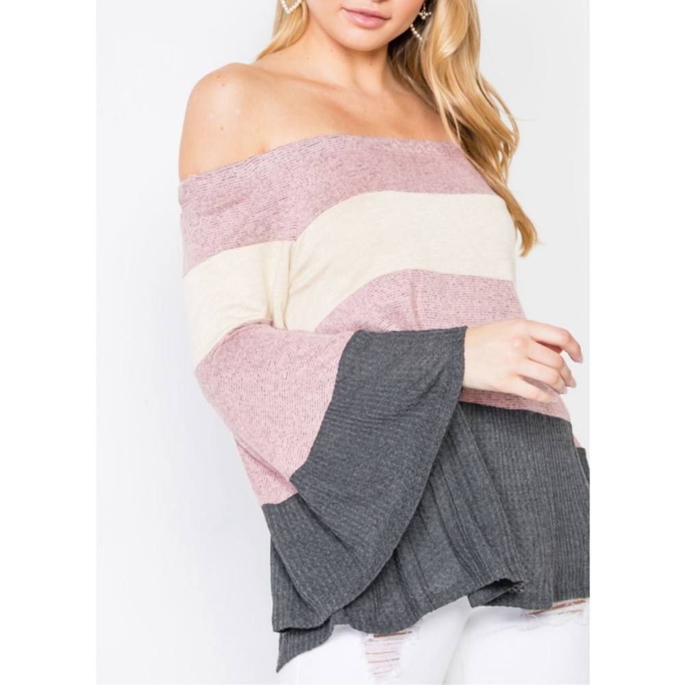 Soft Cozy Off Shoulder Color Block Bell Sleeve Top - Picture 4 of 8